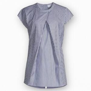 Harshman Navy White Striped Pleated Tunic Blouse Shirt Womens